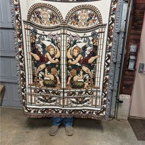 Cream and Brown Ornate Throw Blanket with Vintage Design Angels